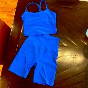 Beyond Yoga blue biker short and crop top set